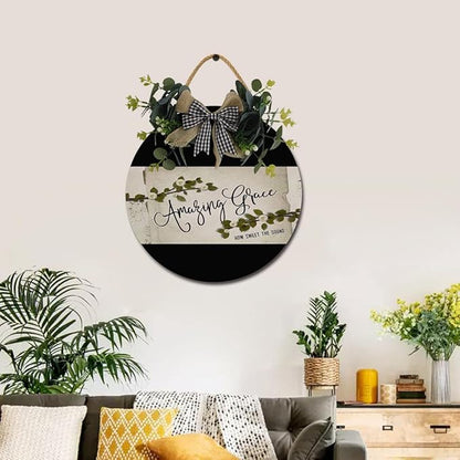 Amazing Grace Front Door Sign Funny Wreaths Hanging Wooden Plaque Decoration Round Rustic Wood Farmhouse Porch Decor for Home Front Door Decor, 11 x 11 Inch
