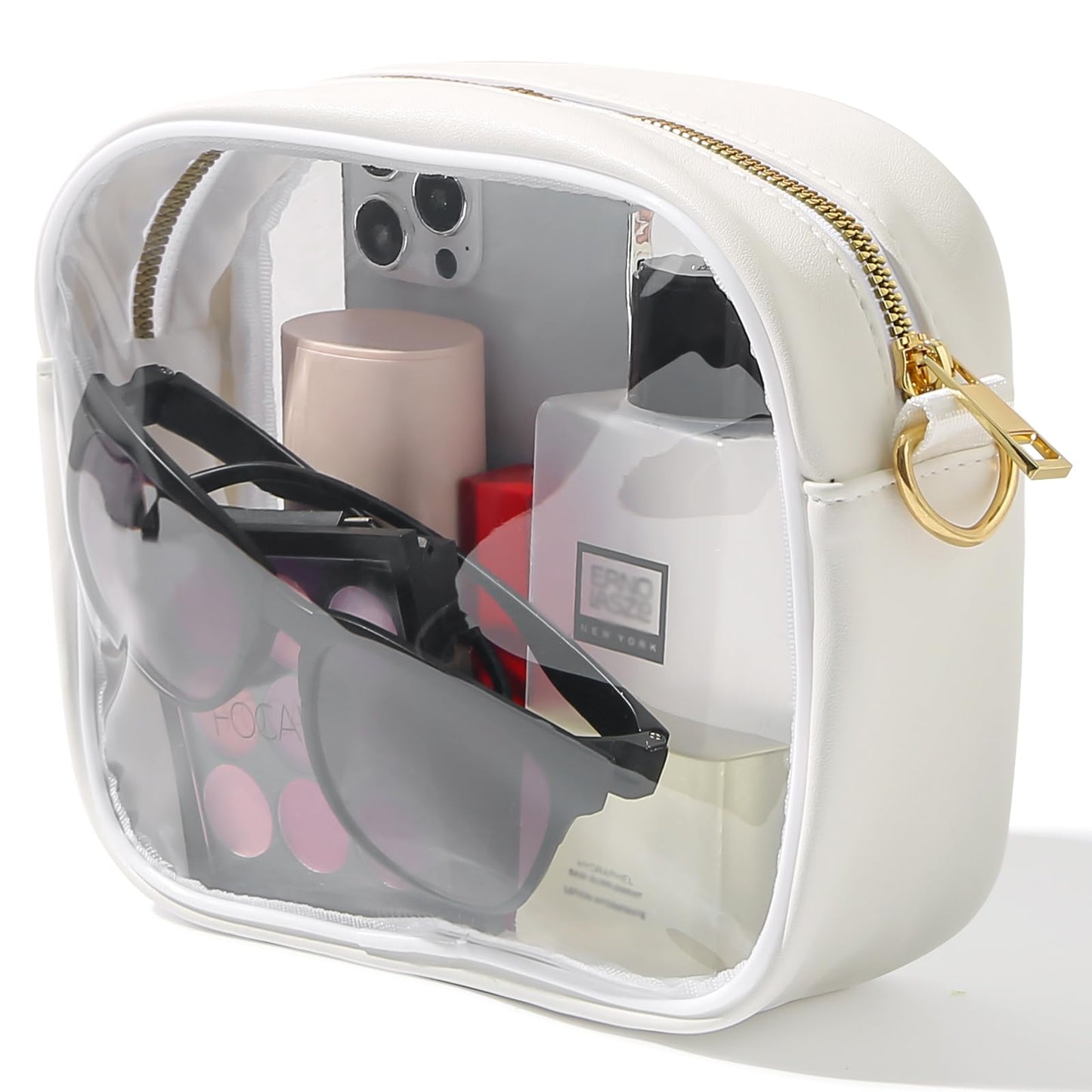 TOBVZOO Clear Purse Crossbody Bag for Women Stadium Approved, Small Leather Clear Bag with Adjustable Strap for Concert Sports Events (White - Red Striped Strap)