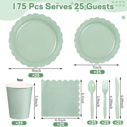Xiangqu 175 Pcs Sage Green Paper Plates and Napkins, Sage Green Party Supplies Include Green Scalloped Plate Paper Napkin Cup Plastic Cutlery for Baby Shower, Wedding, Birthday