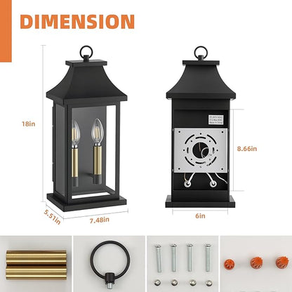 tewei 2-Light Black Outdoor Light Fixture, Porch Light Outdoor Wall Sconce Lantern, 18'' Exterior Lighting Fixture Wall Mount E12 Gold Base, Outside Light for House Backyard Garage, 1-Pack