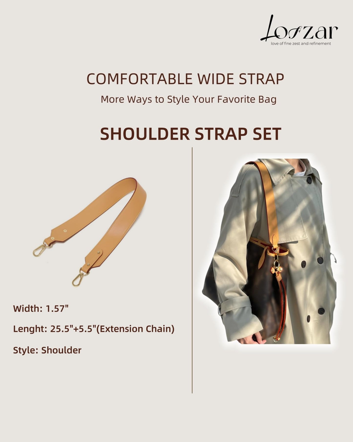 LOFZAR Wide Vachetta Leather Replacement Bag Strap, Fits Neverfull PM/MM/GM Graceful and More (37.8" L, Beeswax)