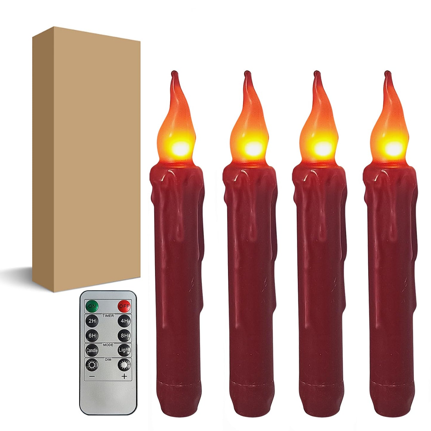 Burgundy Flameless Short Taper Candles, Real Wax Hand Dipped Dark Red LED Battery Operated with Remote, Flickering Flame Lights for Festival Home Décor, 6.7 Inch Primitive Flameless Candles, 4PCS