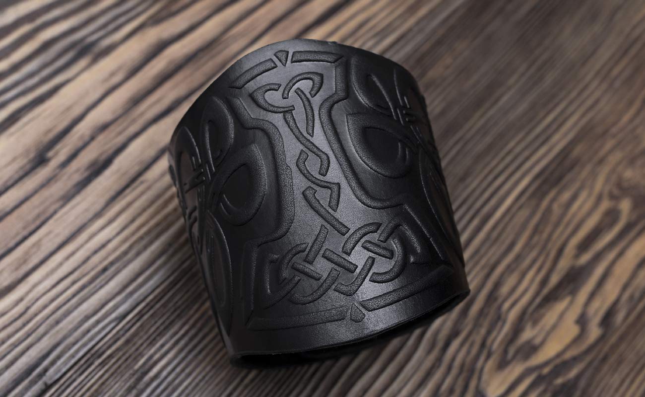 Stahlgilde 100% Real Leather Viking Cuff Bracelet - Handmade Mjolnir Thor's Hammer Black Wristband - Gift for Men Women - Genuine Leather Viking Punk Lv Axe Сuffs - Size M for wrist 6.5"-7.5" 90mc