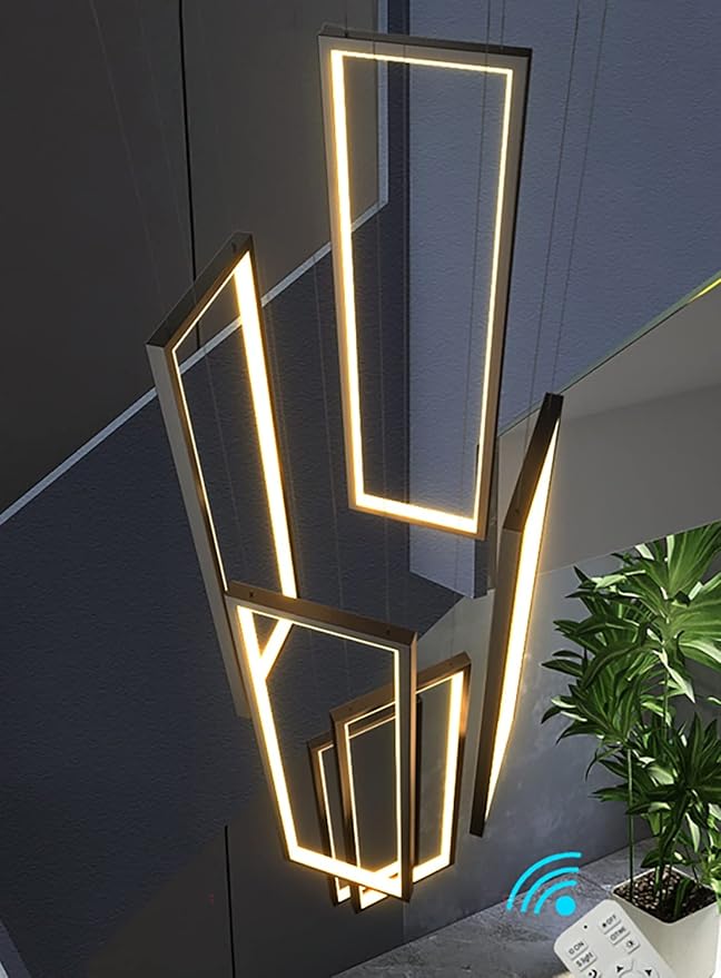 Flashing God Modern Chandelier,Black Chandelier with 6 Ring Led Foyer Chandeliers,Larger High Ceiling Chandelier for Living Room,Rectangle Chandelier for Entryway Staircase LED Dimming 2700k-6001k