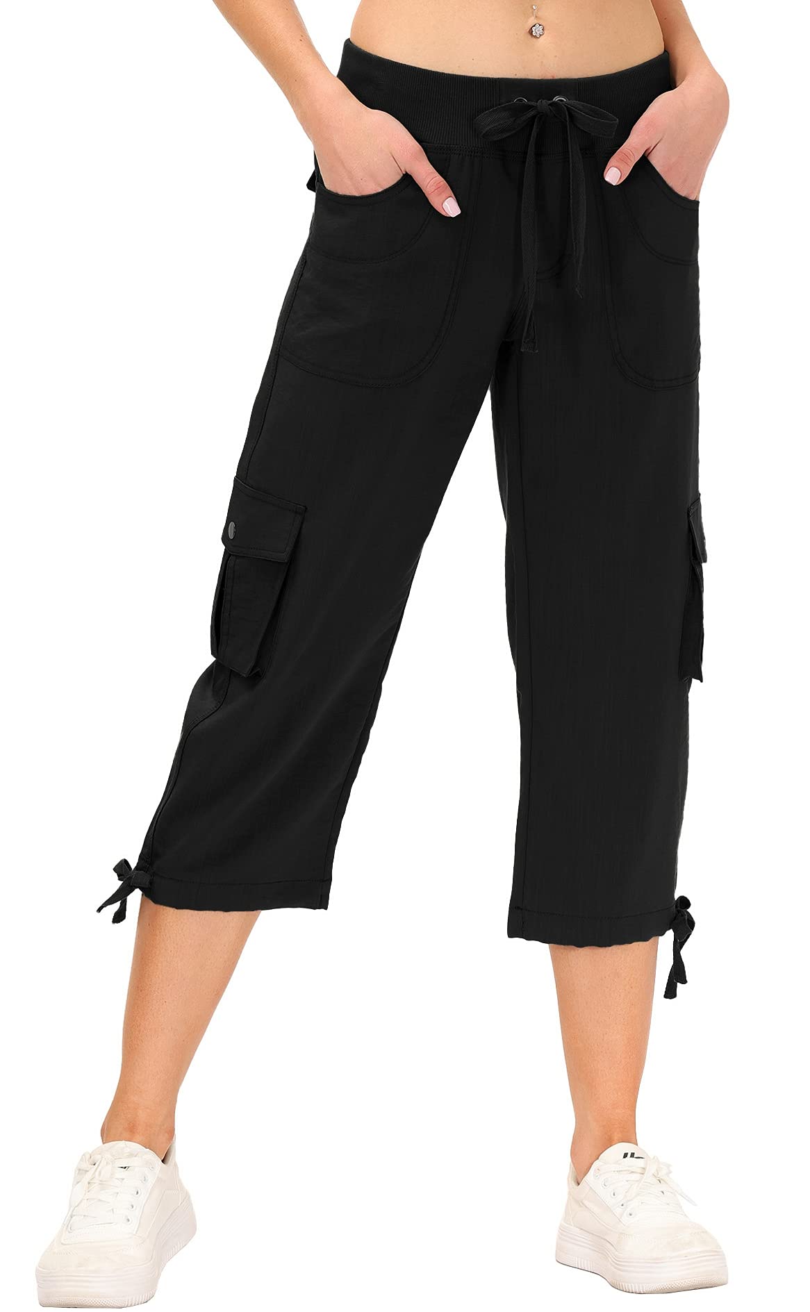 MoFiz Women's Hiking Capris Pants Lightweight Quick Dry Running Athletic Casual Outdoor Cargo Pants for Women Pockets Black L