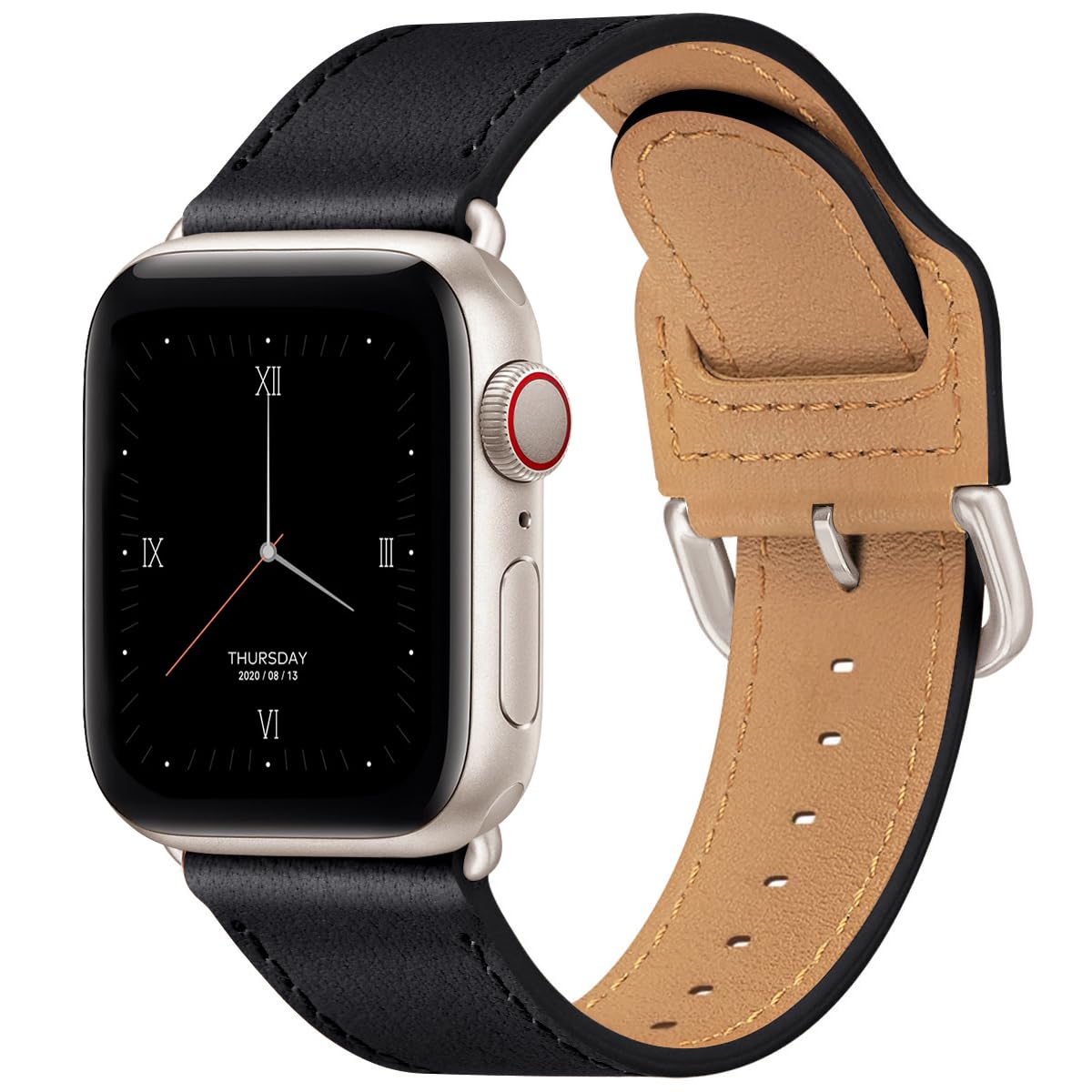POWER PRIMACY Leather Bands Compatible with Apple Watch Band 38mm 40mm 41mm 42mm-Series 11/10,Genuine Leather Strap Compatible for Women Men iWatch SE Series 11 10 9 8 7 6 5 4 3 2 1(Black/Starlight)