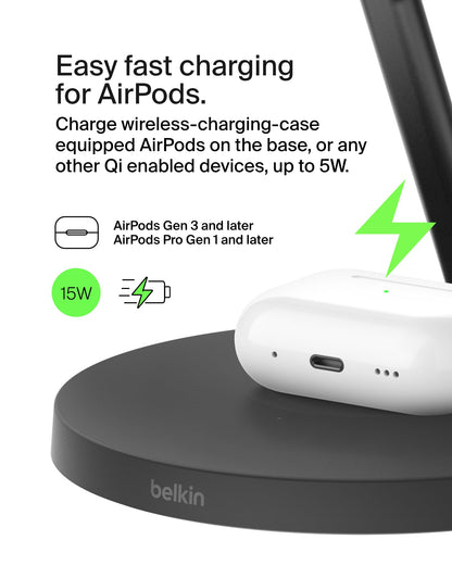 Belkin MagSafe-Compatible Charger, 3-in-1 Wireless Charging Station, Qi2-Certified 15W Wireless Charge for Apple iPhone 17 Series, Apple Watch, AirPods w/Non-Slip Base, 40W Included - Black