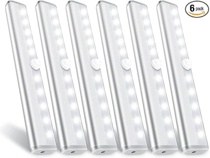 Motion Sensor Closet Lights, 10 LED Motion Sensor Lights, Stick-on Anywhere Battery Operated Night Light Bar, Safe Lights for Closet Cabinet Wardrobe Stairs, 6 Pack