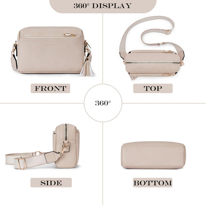 Roulens Triple Zip Small Crossbody Bag for women,Wide Strap Cell Phone Purse Shoulder Handbag Wallet with Credit Card Slots
