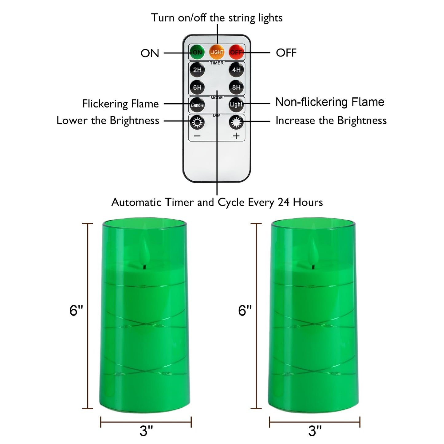 Homemory St. Patrick's Day Flameless Candles with Embedded Star String Fairy Lights, Green Battery Operated Candles, LED Candle, Fake Candles with Remote Control and Timer, Set of 2(H 6" 6")