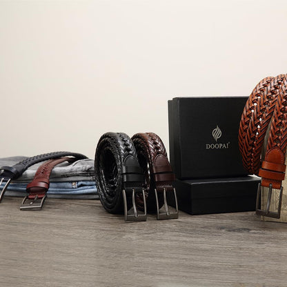 DOOPAI Men's Braided Leather Dress Belt - Comfort Fit, Adjustable Strap, Fashion Hand Woven - Brown Belt for Casual Dress Golf Jeans