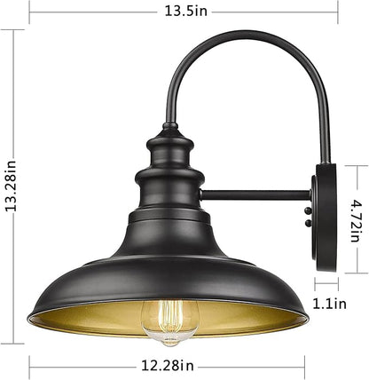 Outdoor Barn Light Fixture, 12.3 Inch Large Dome Farmhouse Wall Mount Light Gooseneck Wall Sconce Exterior Wall Lighting Fixture Industrial Black Finish Lantern for Porch with Gold Interior, 1pack