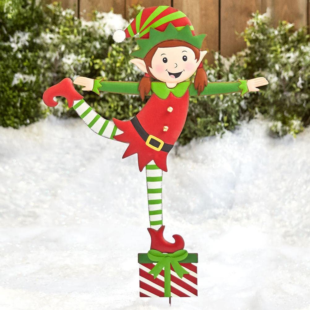 shenruifa Christmas Elf Garden Stake, Metal Gnome Yard Stake Wrought Iron Elf Ornament Yard Signs Decor Outdoor Holiday Decoration (a)