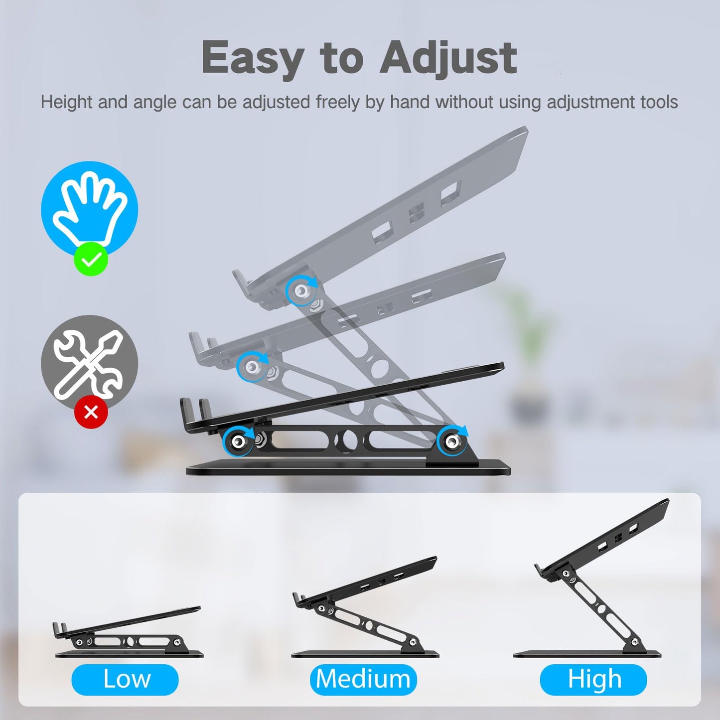 Gogoonike Adjustable Laptop Stand for Desk, Metal Foldable Laptop Riser Holder, Portable Desktop Book Stands, Ventilated Cooling Computer Notebook Stand Compatible with 10-15.6” Laptops