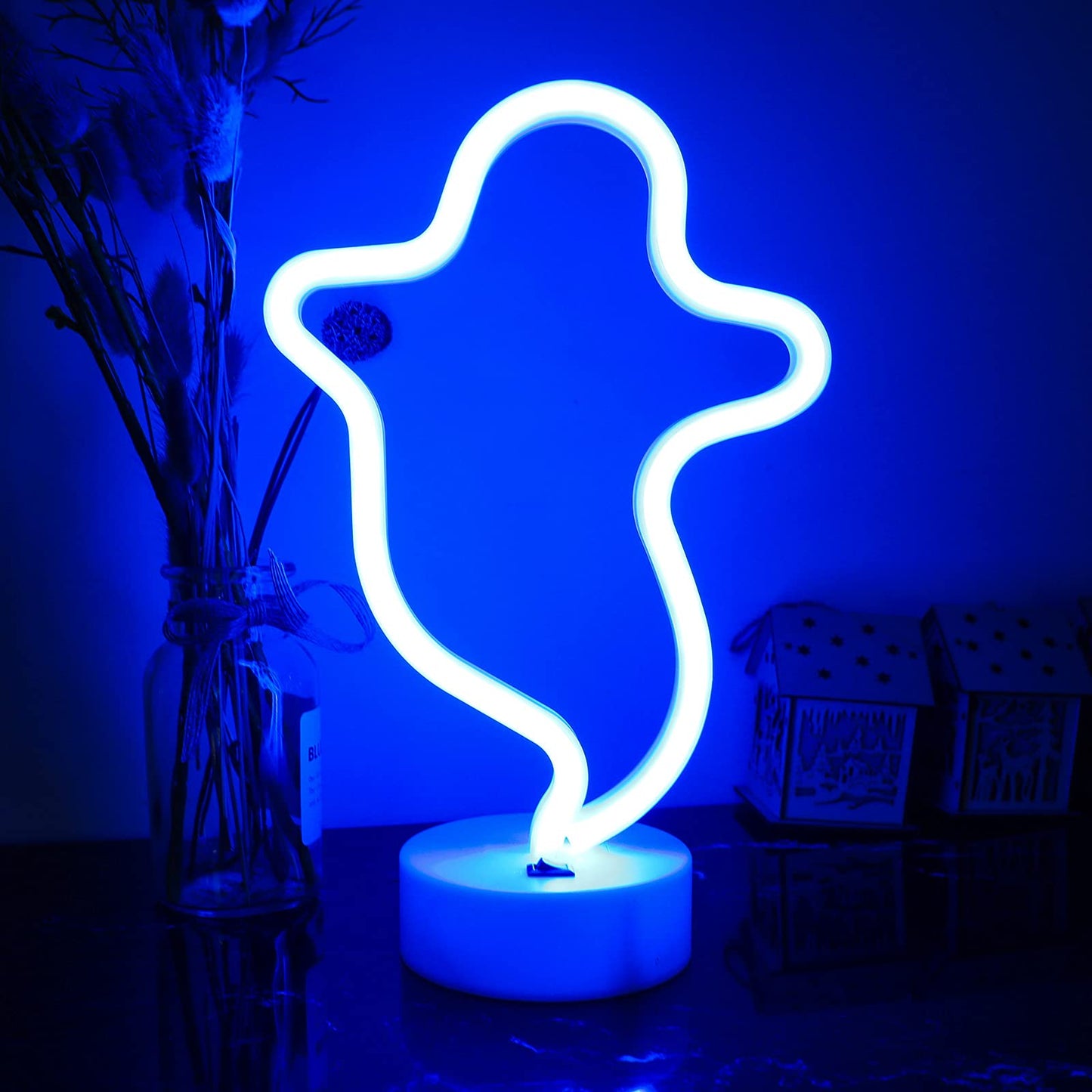 ENUOLI Led Neon Sign Art Decorative Lights Neon Night Lights with Holder Base Table Decoration Lamps with Base for Kids Room Living Room Christmas Birthday Wedding Halloween Party (Ghost)