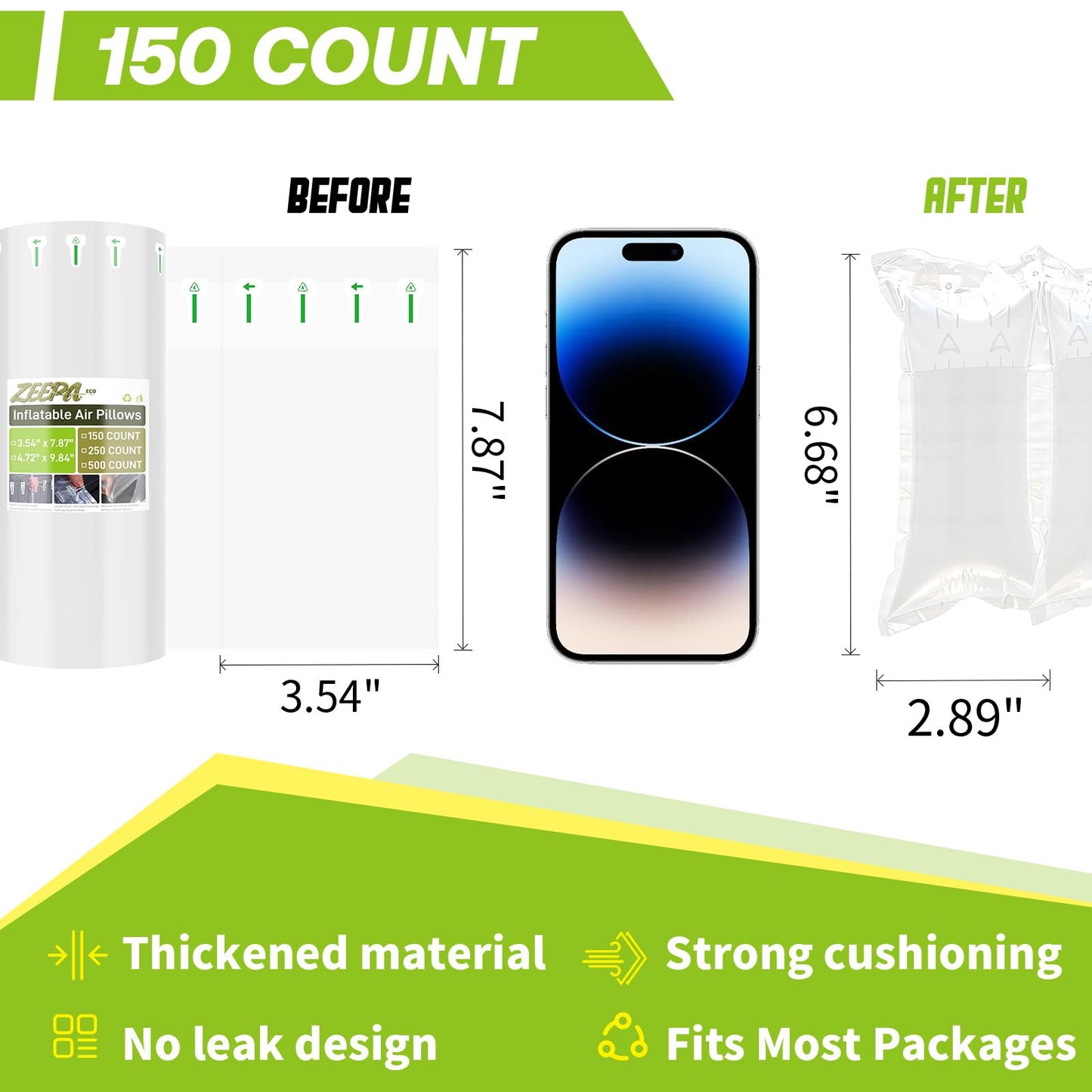 150 Count Packing Air Pillows for Shipping with Pump Inflatable Shipping Supplies Box Filler Alternative to Packing Peanuts for Size 3.54" x 7.87"