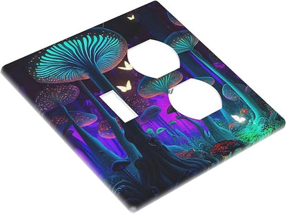 Decorative Light Switch Cover Plate Fantasy Mushroom Forest Glowing Butterfly 2 Gang Outlet Covers 1 Toggle 1 Duplex Wall Plate Decorate Electrical Switch Plate Covers for Bathroom Home Decor