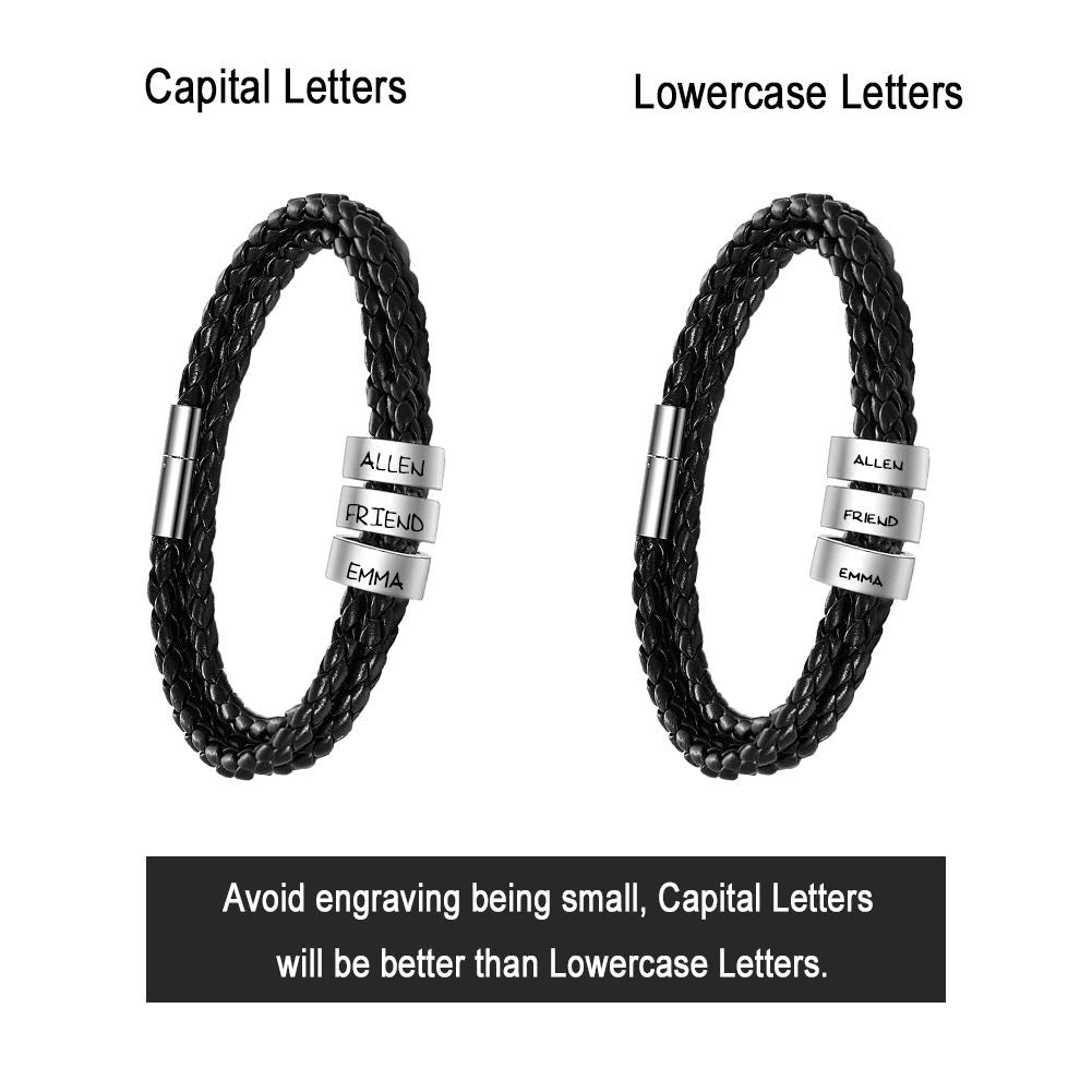 ShineSand Personalized Mens Leather Bracelet with Custom Beads, Customized Braid Leather Bracelet Engraved with Names for Men
