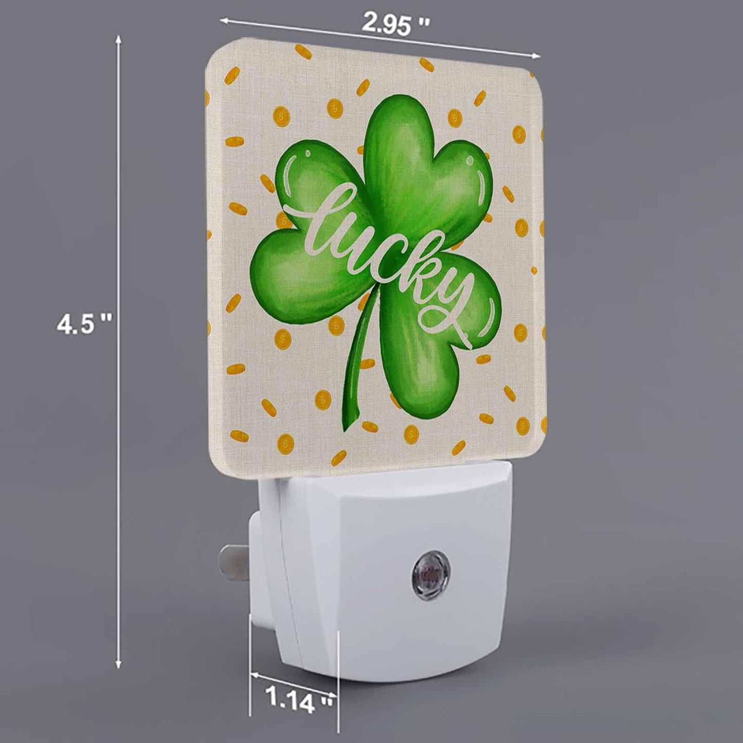 St.Patrick's Day Plug-in LED Night Lights, Lucky Clover Leaves Spring Auto Dusk-to-Dawn Sensor for Bedroom, Bathroom, Kitchen, Nursery, Hallway, Stairs, Wall Home Decor, Gold Coins Backgound