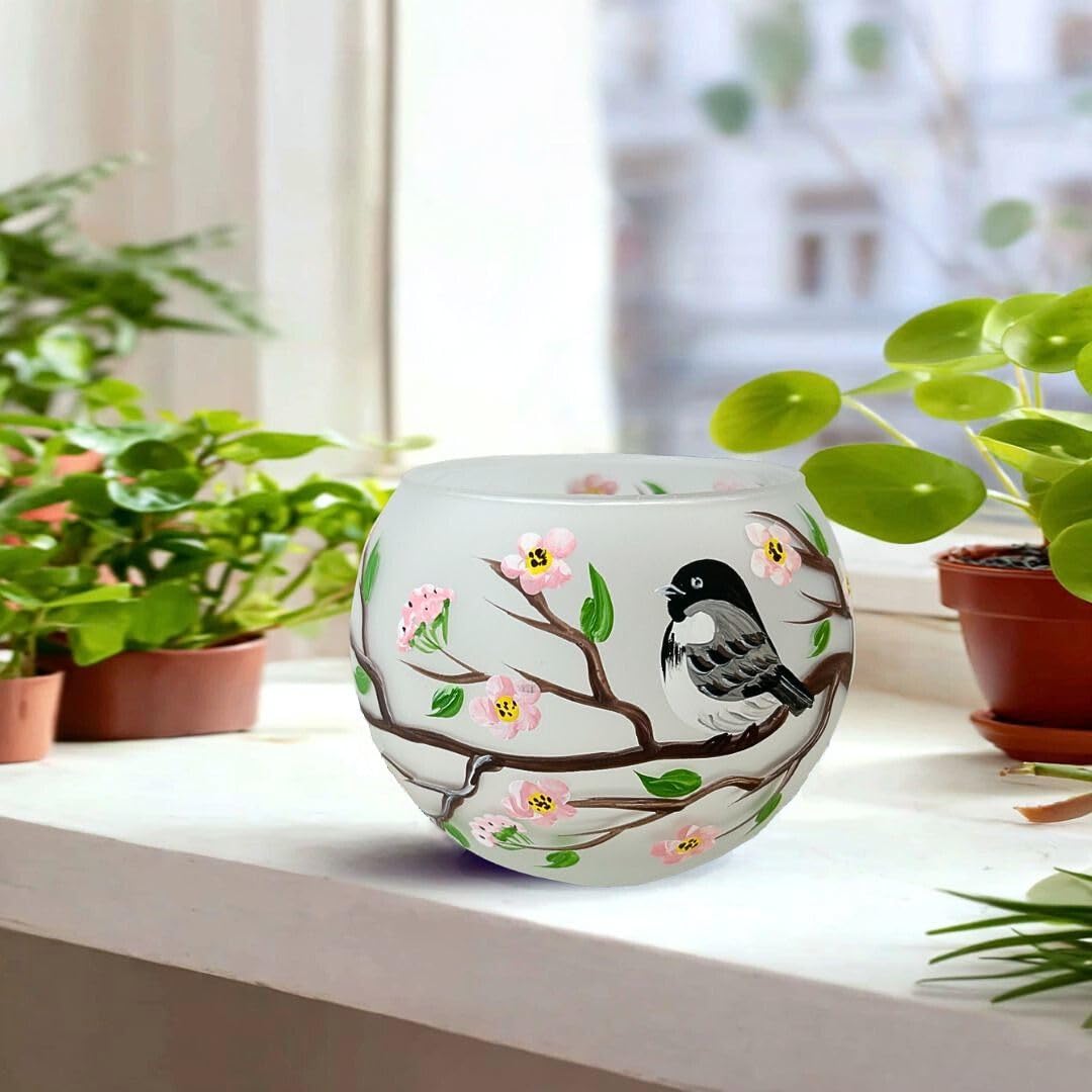 Decorvo Christmas Tea Light Candle Holder Glass - Hand Painted Mouth Blown Glass Candle Holder - Medium, Chickadee