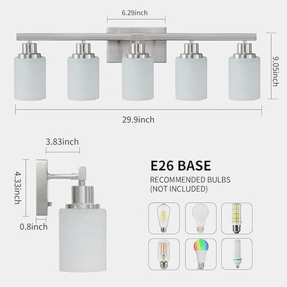 5-Light Bathroom Light Fixtures, 30" Nickel Bathroom Vanity Light with Milky White Glass Shade, Modern Bathroom Wall Lights Over Mirror, Farmhouse Wall Sconces Lighting for Bedroom Living Room
