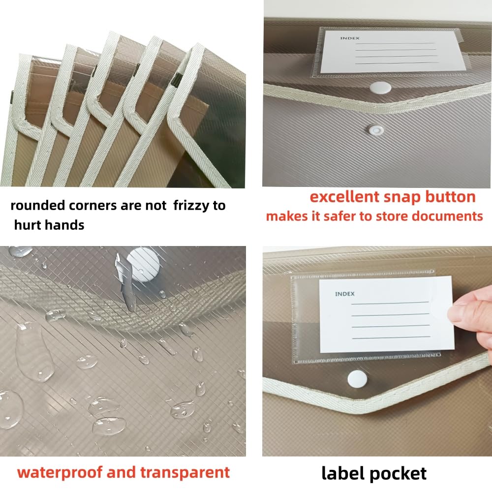 Plastic File Folders Envelope - Expanding File Wallet Organizer Documents Folder with Snap Closure and Pocket No Dividers, Large Capacity, Fit Letter/A4 Size - 5 Packs