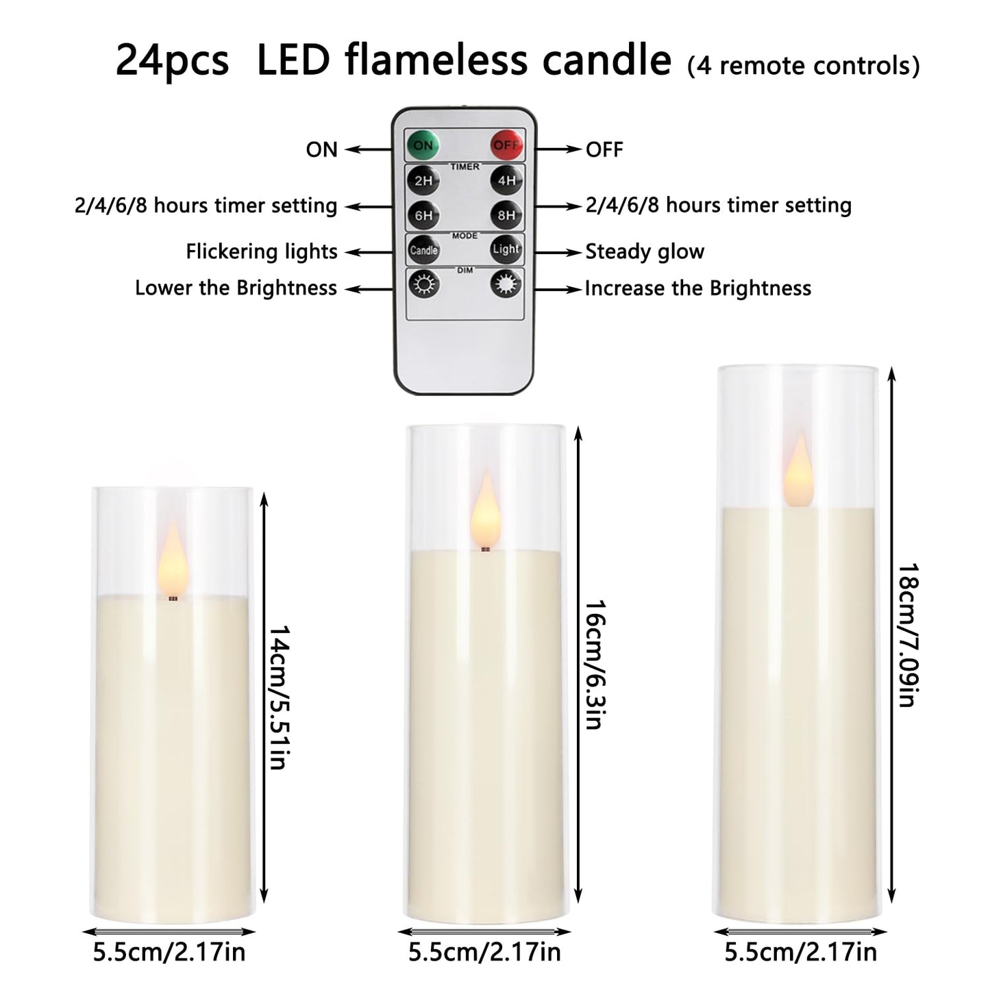 fclayvts 24 Packs of Acrylic LED Candles, Flickering Flameless Candles Battery Operated with Remote Dimmed and Timed, 3D Wick Candles for Home Decor,Wedding,Gift，Parties and Festivals. (3 Size)