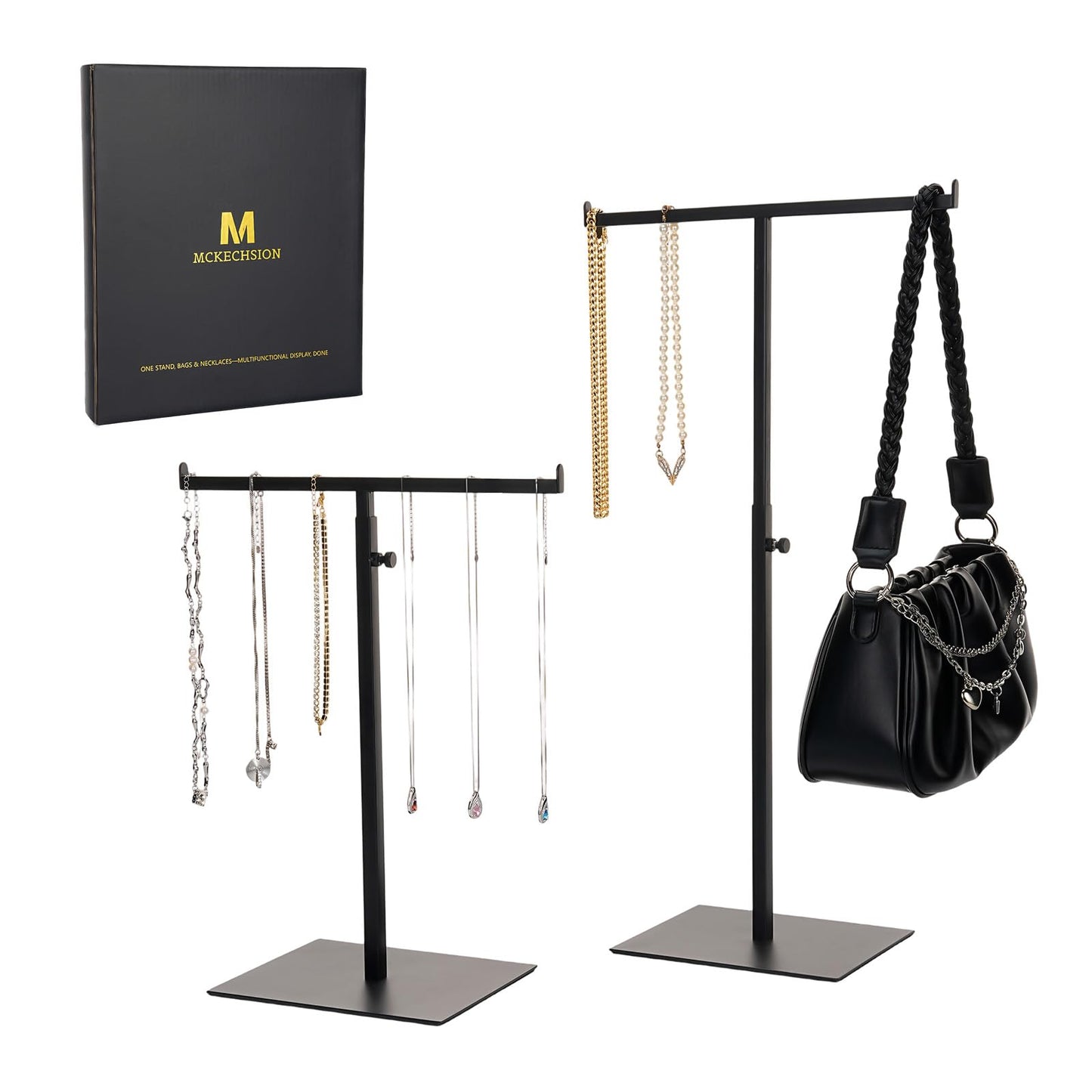 Purse Display Stand Jewelry Towers - 2 Pack Purse Stand Handbag Bag Display Black Tabletop Stainless Steel Hook Hanging Jewelry Stands for Necklaces Organizer Adjustable Height Home Store Boutique