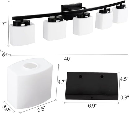 5-Light Matte Black Vanity Light Fixture with White Glass Shade for Bathroom Over Mirror, 40 Inches