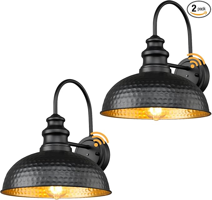 Dusk to Dawn Farmhouse Outdoor Barn Light Fixtures, 12 Inch Dome Gooseneck Exterior Wall Lights, Rustic Outdoor Wall Sconces Outside Wall Mount Lantern with Bead Shape for Porch, Garage, Doorway
