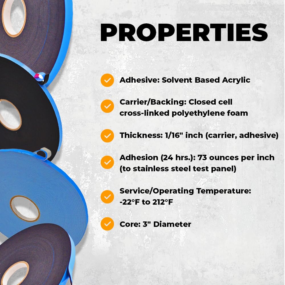 WOD WGT06P Double Sided Foam Mounting Tape, 1/16 inch Thick x 3/8 inch x 150 Ft. Weather Resistant for Gap Filling, Home or Office Decor, Dual-Pane Glass Bonding, Replacing Insulated Windows, Black