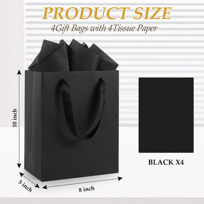 Epoesch Black Small Gift Bags with Handles and Tissue Paper, 8x5x10 Inch 4 Pack Paper Bags for Men, Women, Birthdays Party, Baby Showers, Weddings, Father's Day, Anniversaries, Holidays (Black small - 4Pcs)