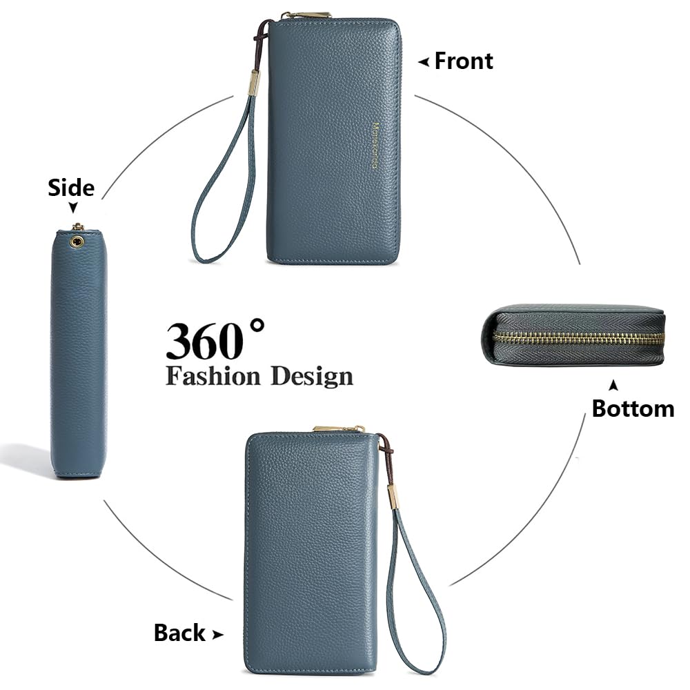Fashionable long RFID leather women's wallet, large capacity multi slot phone case, zipper closure, detachable wrist strap, hand-held wallet (Light Blue)