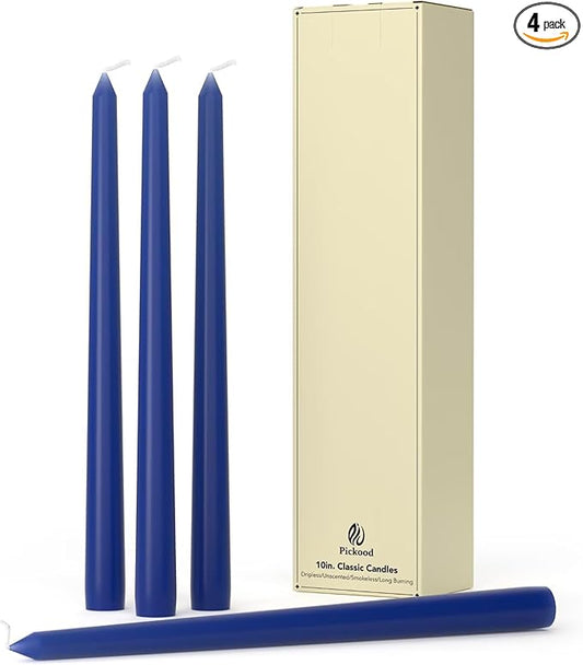 10-Inch Tall Dripless Taper Candles Set of 4 - Classic Blue Tapered Candles, Perfect for Spring - Smokeless, Unscented, Long Burning - Hand Poured, Colored Tall Candlesticks - Dark Blue