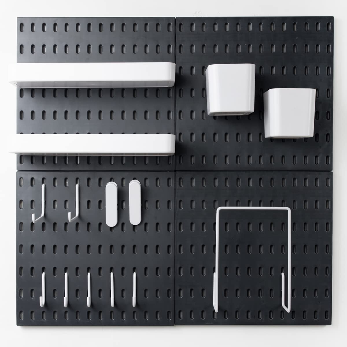 MULSAME Pegboard Combination Kit, Wall Mounted Storage Set with 8 Pegboards & 32 Accessories Hanging, Black Peg Boards Organizer for Walls Display, Crafts Organization, Kitchen Organizer, 22" x 44"
