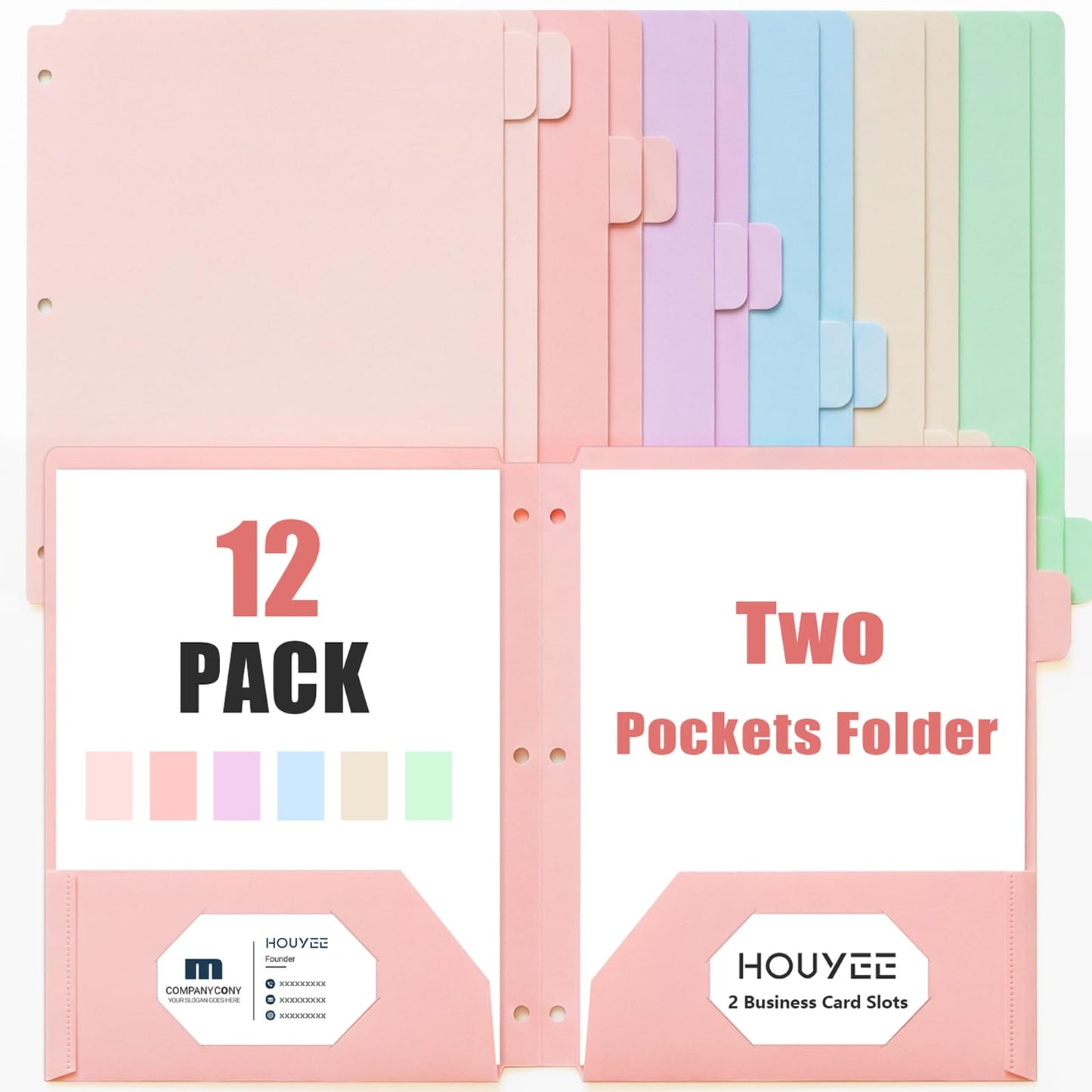 HOUYEE 12 Pack Plastic Folders with Pockets 3 Hole Punched, 2 Pockets File Folders for 3 Ring Binder, with 2 Business Card Slot, 1/6 Cut Tabs & Labels, for Letter Size, School Office Home Bussiness