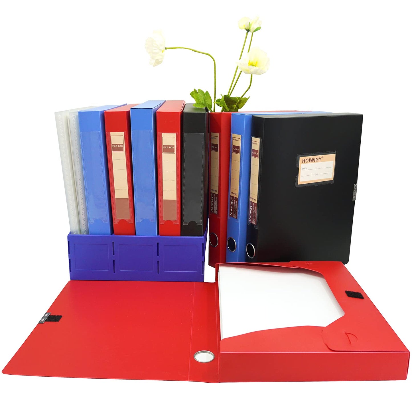 Hoiwigy Foldable A4 Document Box, Pack of 4 Plastic Archive Cases with Lid, 31×24x4cm, File Folder Organizer Document Storage File Boxes for Office, School, Letter Size Paper (Red)