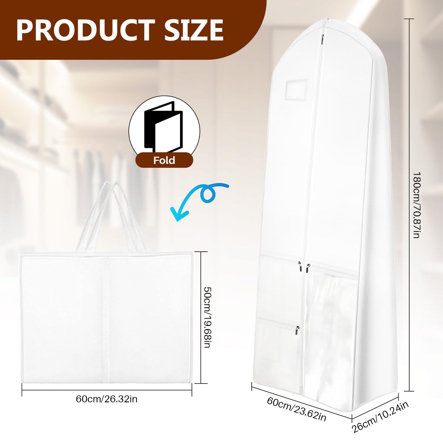 Dress Garment Bags, Long Garment Bags for Travel, 70’’ Wedding Dress Cover with Handle, Foldable Clothing Bag with Pockets and Zippers, White, 180 cm