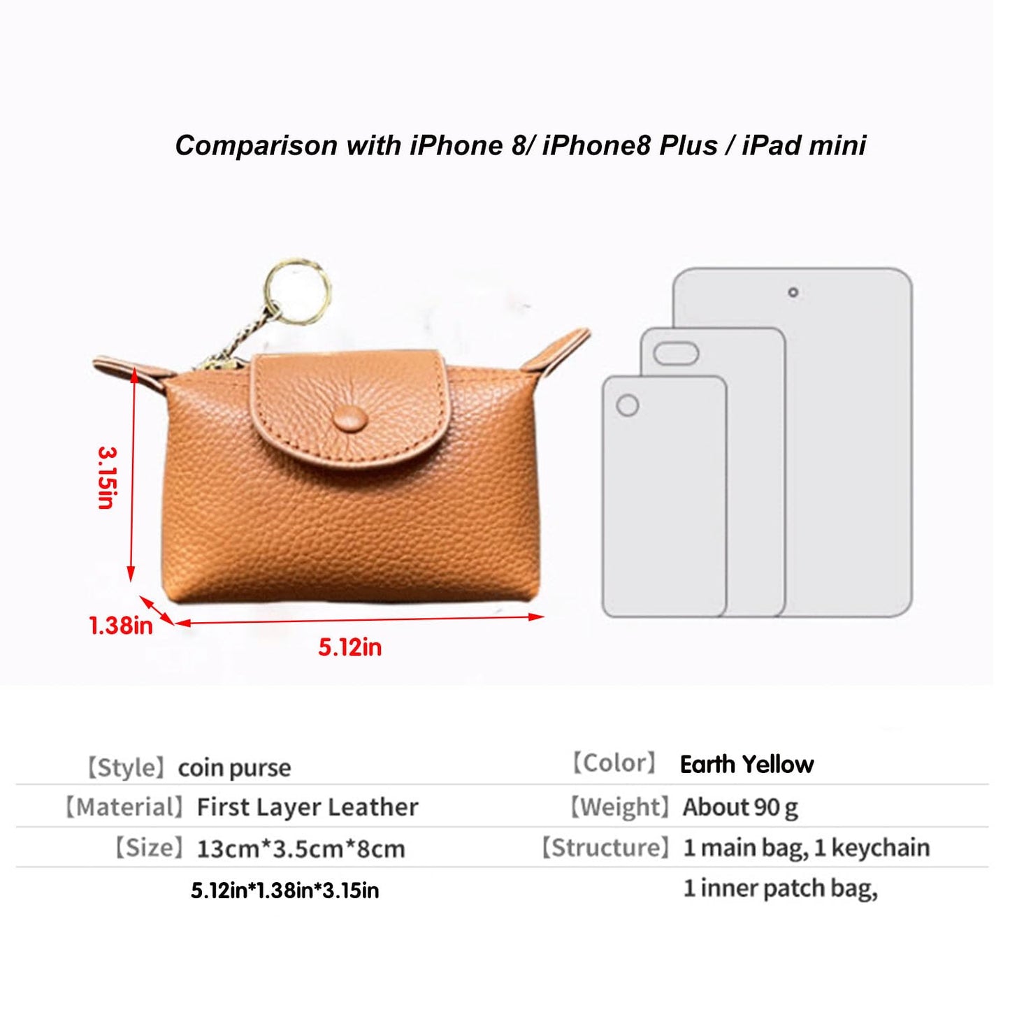 BDHRKTE Small Genuine Leather Coin Purse with Keychain, Earth Yellow Zipper Change Pouch for Women, Soft Mini Wallet Organizer for Cash Coins Cards, Compact Keychain Wallet for Purse Backpack