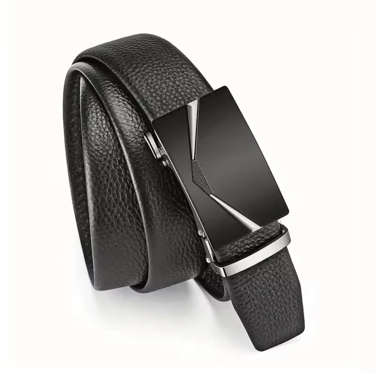 TJH Men's Leather Ratchet Belt with Automatic Buckle, Trim-to-Fit Adjustable (Waist 28–44 Inches), No-Hole Belt (Silver)
