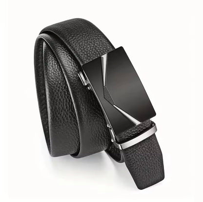 TJH Men's Leather Ratchet Belt with Automatic Buckle, Trim-to-Fit Adjustable (Waist 28–44 Inches), No-Hole Belt (Silver)