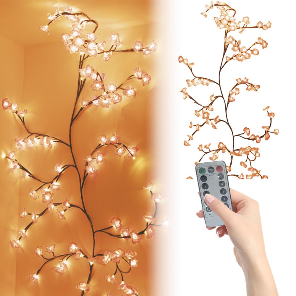 BomKra Rose LED Tree Branch Lights for Wall,Rose Blossom Willow Vine Branch Room Decor Gift,Flexible DIY Design,with 144 LED Lights and Remote,8 Lighting Modes,for Bedroom and Wall Decor (90inch)