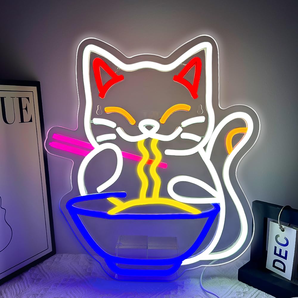 RuCvixkt Ramen Cat Neon Sign for Wall Decor, Fortune Japanese Cat Eating Ramen Led Light Signs Maneki Neko Lucky Neon Signs for Bedroom, Noodle Resturant,Baby Girls Room Party Gift