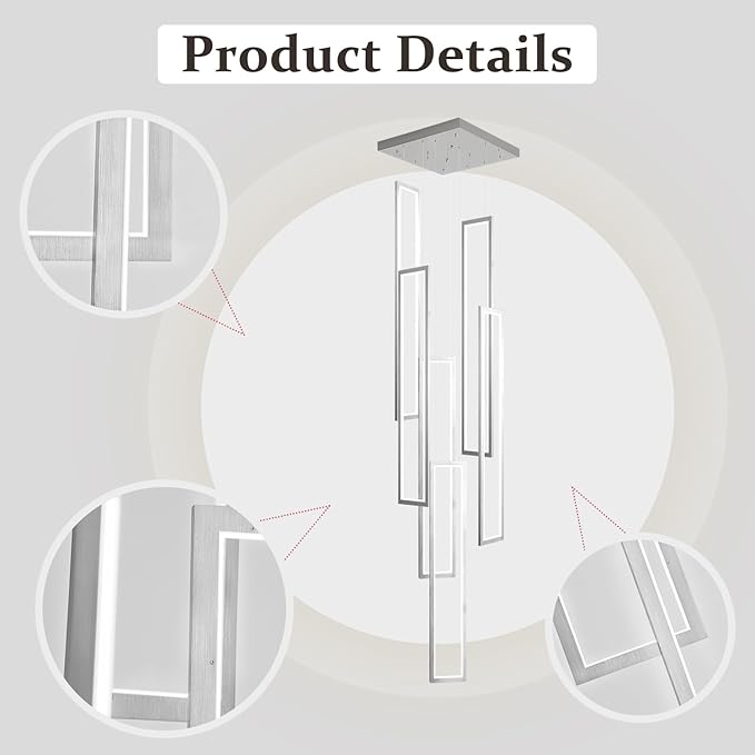 Flashing God Modern Chandelier,Silver Chandelier with 6 Ring Led Foyer Chandeliers,Larger High Ceiling Chandelier for Living Room,Square Chandelier for Entryway Staircase LED Dimming 2700k-6001k