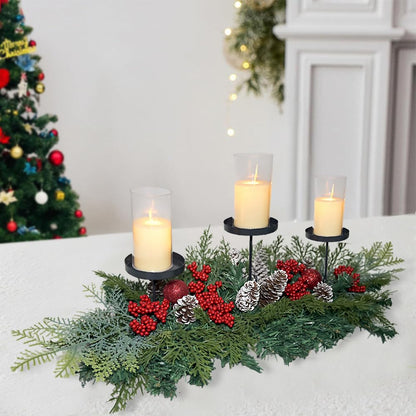 27.6" Christmas Table Centerpiece with Lighs Christmas Candle Holders with 3 Trays Red Berries Balls Pine Cones Xmas Pine Garland Lights Decoration for Centerpiece Table Mantel Holiday Home Decor
