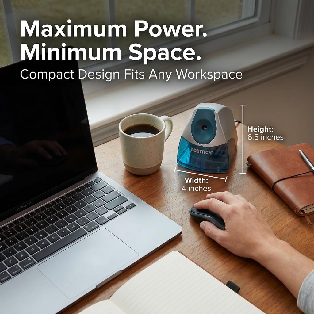 Bostitch Office Electric Pencil Sharpener, Heavy Duty Powerful Stall-Free Motor, High Capacity Shavings Tray, for Office or Classroom, Blue