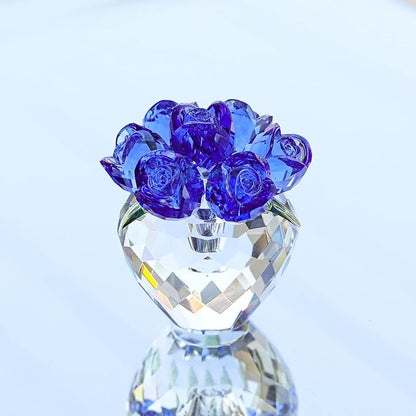LONGWIN Crystal Rose Flower Figurines Collectible Glass Spring Bouquet with Vase Home Decor Romantic Gifts for Women Blue