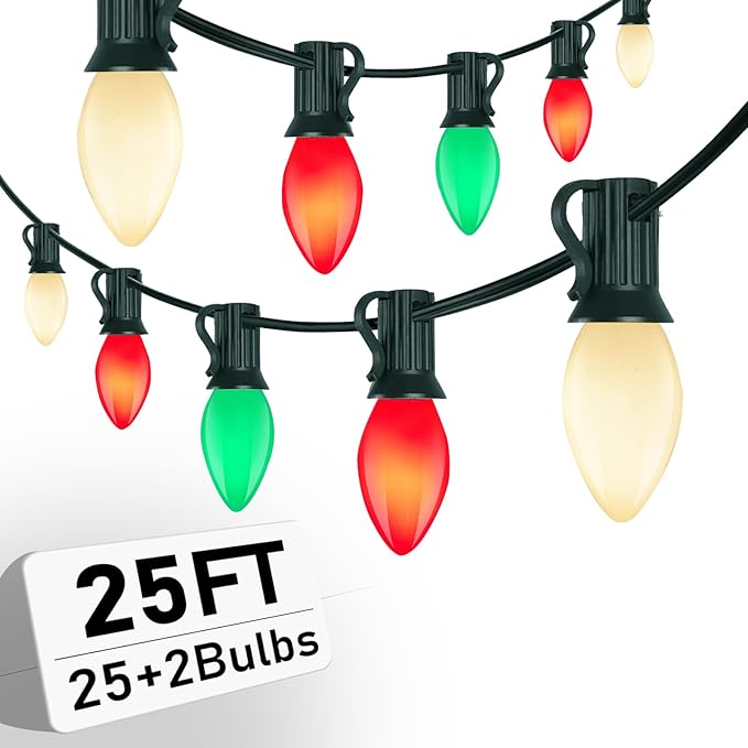 C7 Red White and Green Christmas Lights, 25Ft Vintage Christmas Lights with 27 Ceramic Bulbs, Connectable Xmas Tree Lights Waterproof for Outdoor Roofline Winter Party Holiday Wedding Christmas Decor