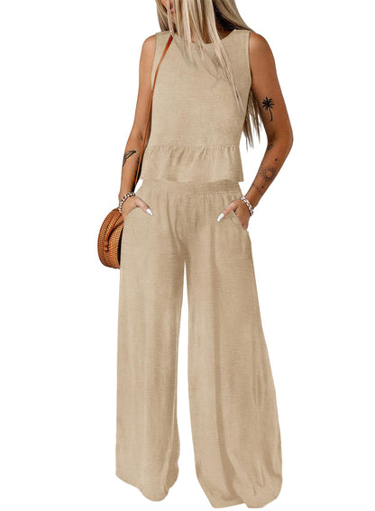 Dokotoo Pants Sets Women 2 Piece Outfits Sleeveless Round Neck Tank Tops Matching Sets for Women Elastic Waist Wide Leg
