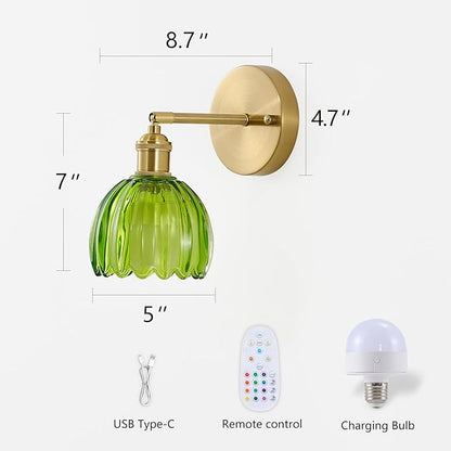 Vintage Battery Operated Wall Sconce 2 Pack, Green Tulip Glass Shade Gold Wall Lamp with 12 Inch Cable Switch, Modern Bathroom Wall Sconces Set of Two for Bedroom Corner Hallway